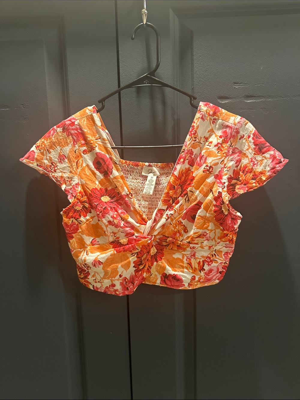 Japna Floral Twist-Front Crop Top in Orange & Pink